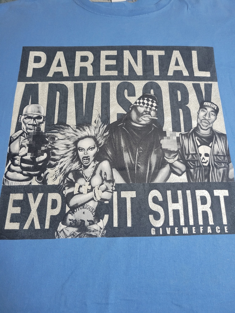 Vintage Y2K Give Me Face GMF Parental Advisory Graphic T-Shirt Blue XXXL
